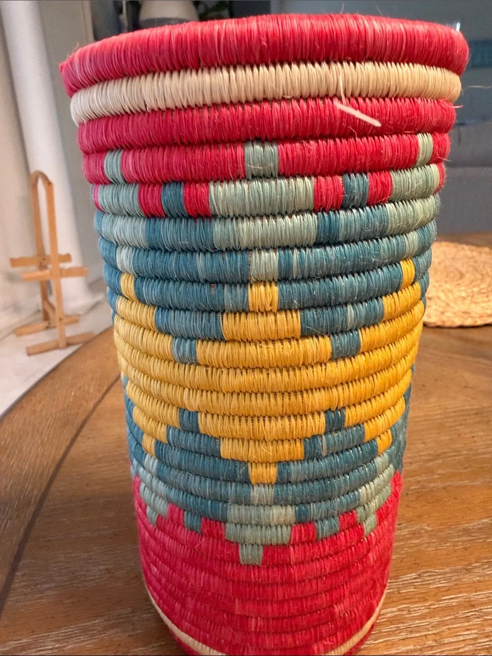 Handwoven Multicolor Decorative Basket – Red, Yellow & Teal